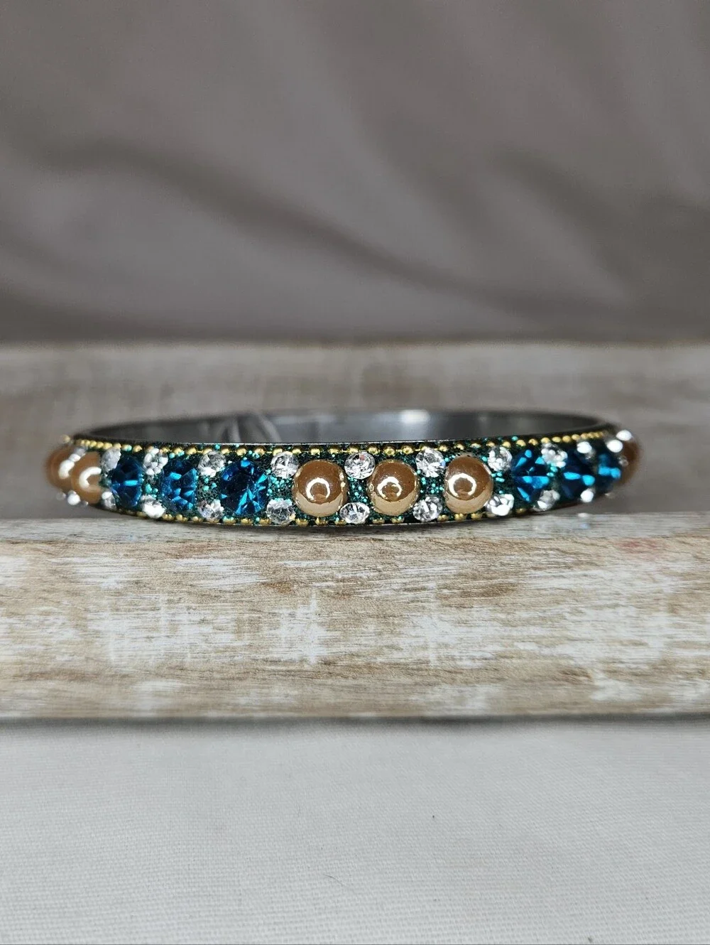 Vintage Gold Teal Crystal Rhinestone Bangle Bracelet Antique Boho Beaded Trim